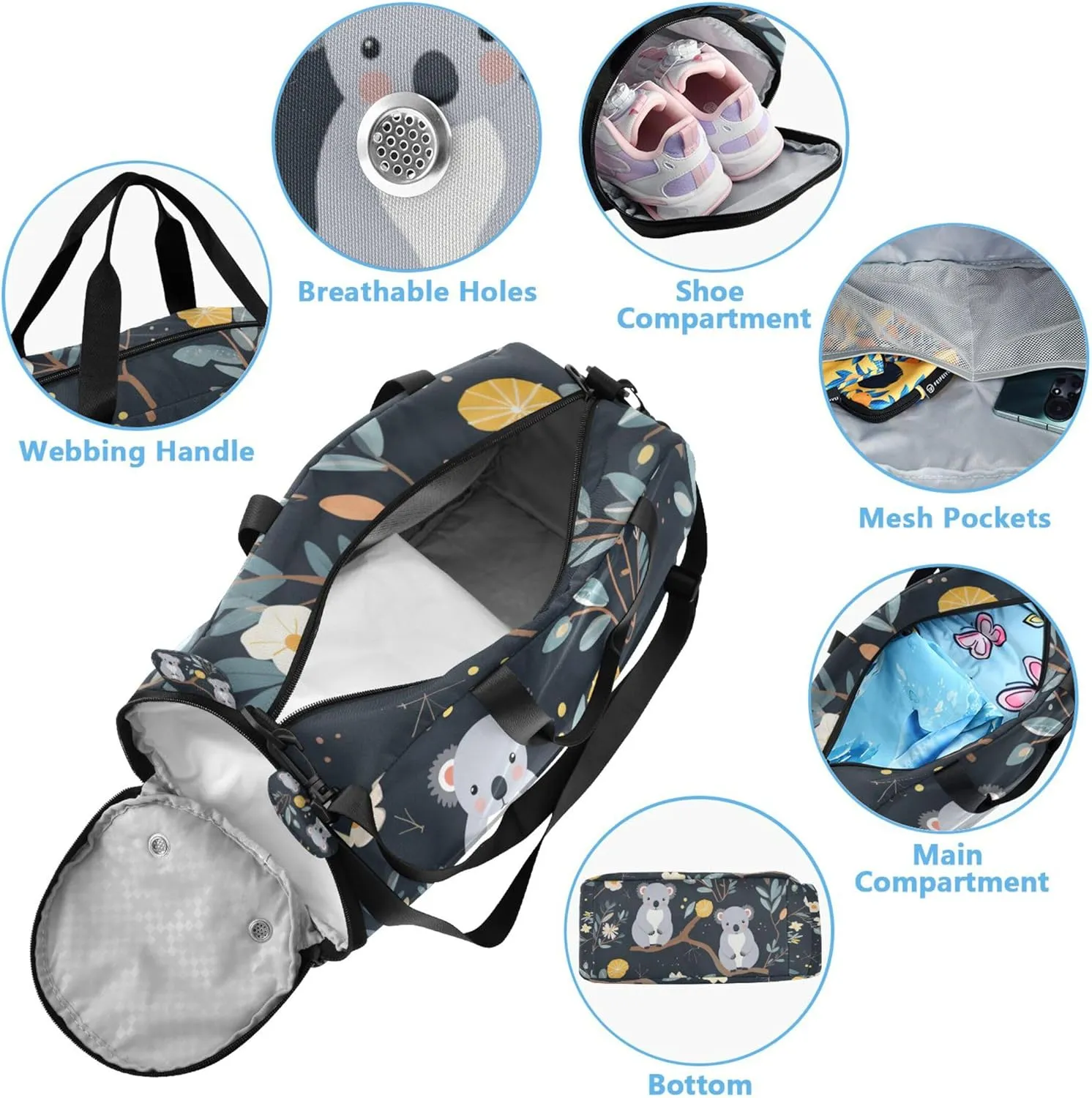 Personalized Raccoon Navy Blue Gym Duffel Bag with Shoes Compartment Multifunctional Sports Bag Travel Tote for Travel, Sports, Duffel, Weekender
