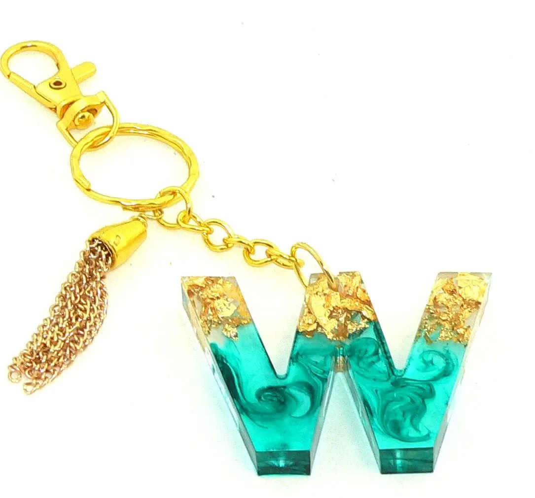 Personalized Teal Metallic Foil Initial Resin Keychain: Elegant Bag Charm for Purses & Backpacks