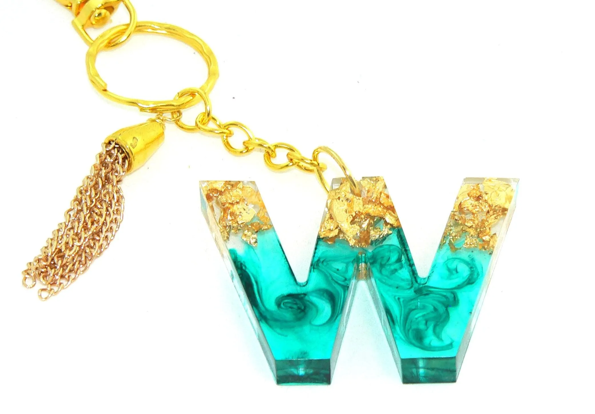 Personalized Teal Metallic Foil Initial Resin Keychain: Elegant Bag Charm for Purses & Backpacks