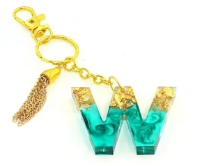 Personalized Teal Metallic Foil Initial Resin Keychain: Elegant Bag Charm for Purses & Backpacks