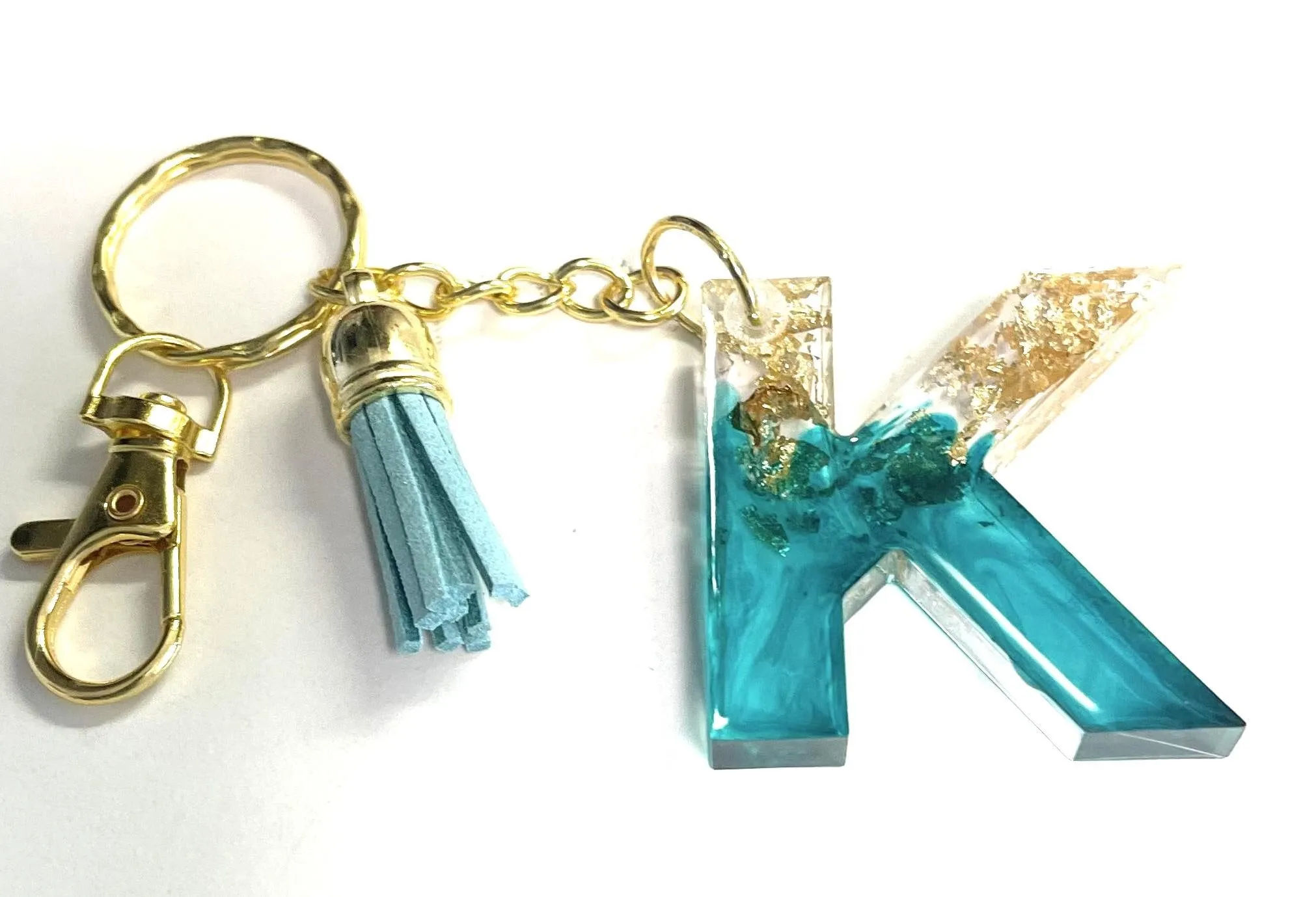 Personalized Teal Metallic Foil Initial Resin Keychain: Elegant Bag Charm for Purses & Backpacks