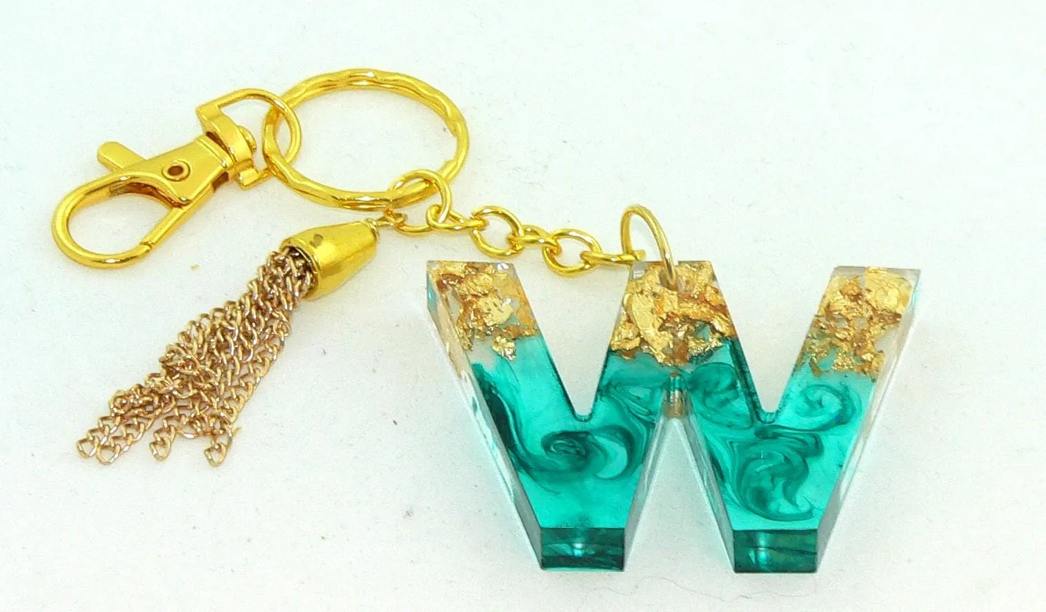 Personalized Teal Metallic Foil Initial Resin Keychain: Elegant Bag Charm for Purses & Backpacks