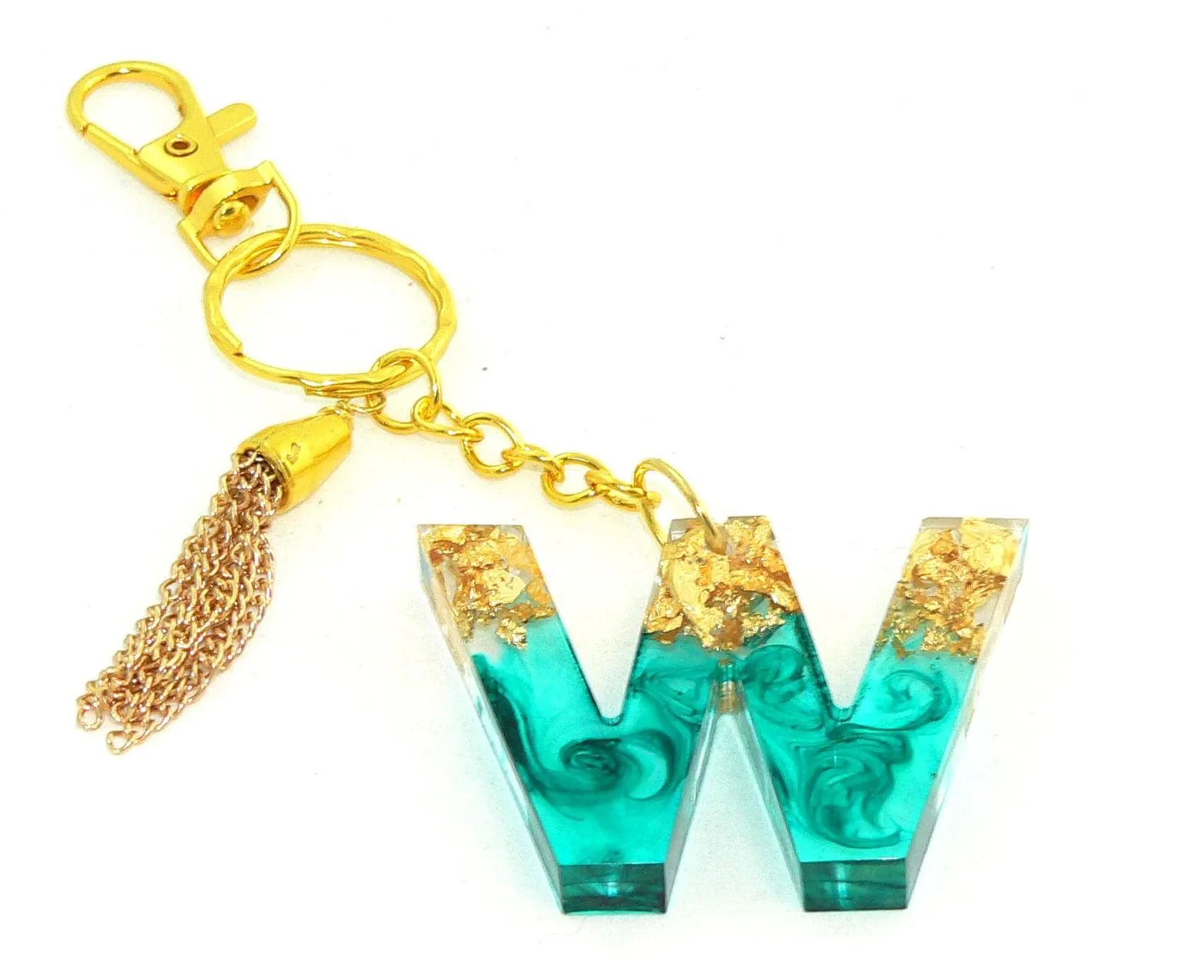 Personalized Teal Metallic Foil Initial Resin Keychain: Elegant Bag Charm for Purses & Backpacks