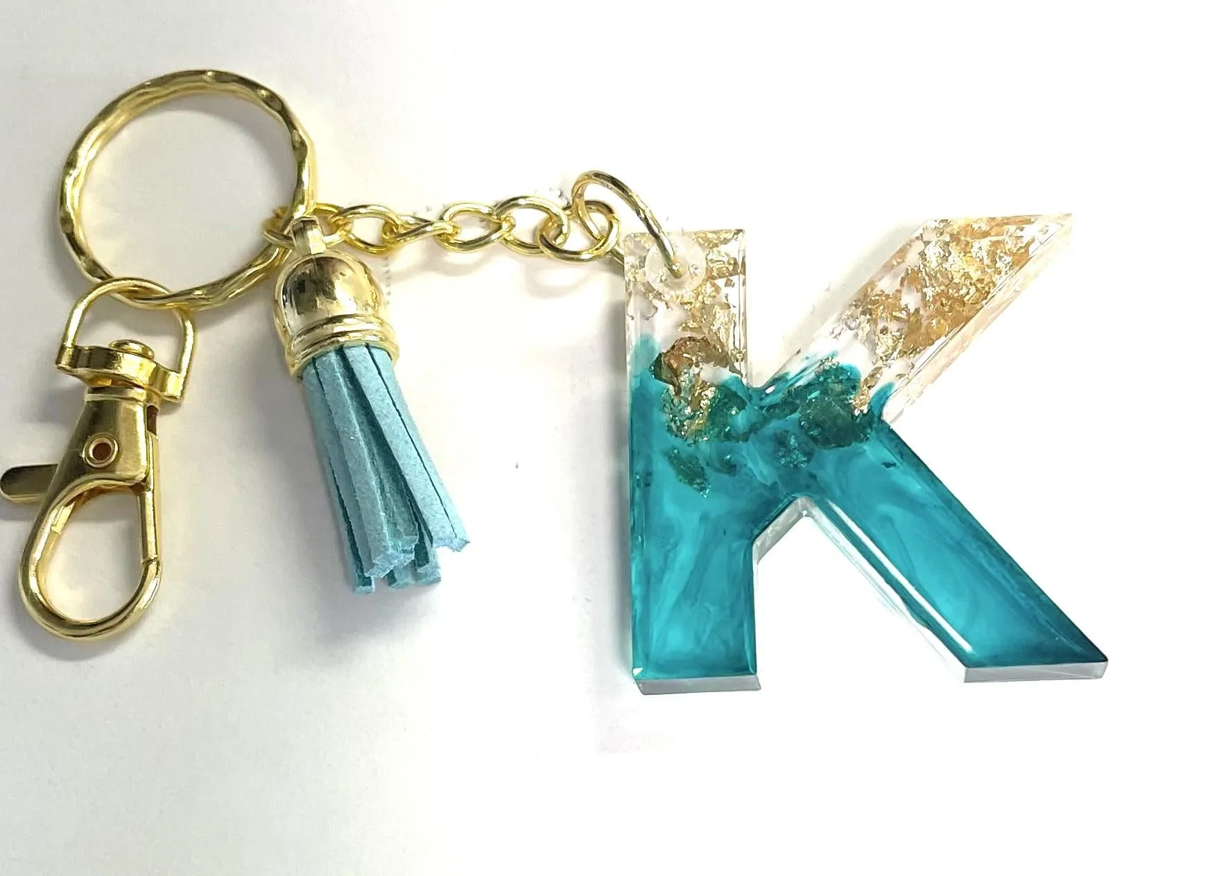Personalized Teal Metallic Foil Initial Resin Keychain: Elegant Bag Charm for Purses & Backpacks