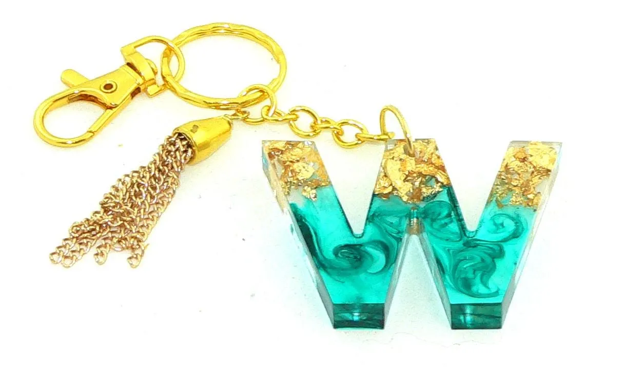 Personalized Teal Metallic Foil Initial Resin Keychain: Elegant Bag Charm for Purses & Backpacks