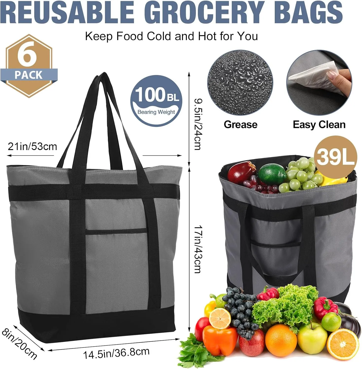 Pickmesh 10 Pcs Large Insulated Cooler Bag with Thermal Foam Insulated Grocery Bags Shopping Bag Food Delivery Bag Travel Insulated Bag Beach Cooler Bags for Grocery, Travel, Beach (Gray)