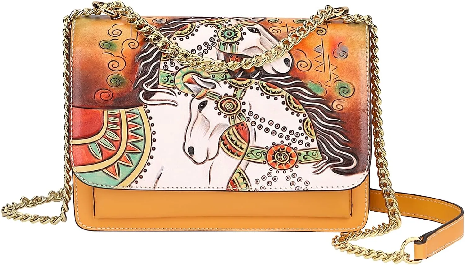 PIJUSHI Designer Genuine Leather Crossbody Bags for Women Small Hand Painted Purses Tooled Cross Body Handbags