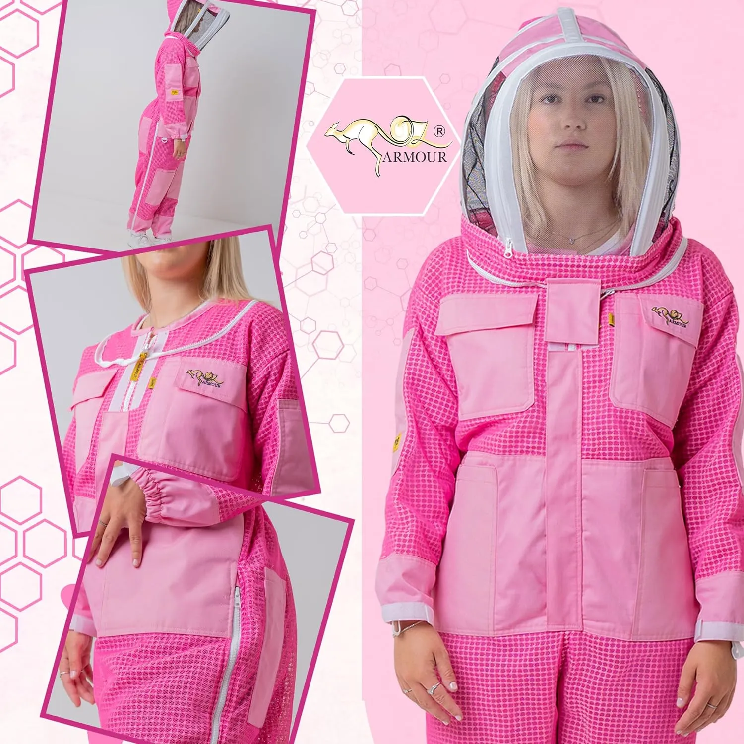 Pink Beekeeping Suit for Women - Three Layers Ventilated Protective Outfit with Air Mesh with Fencing Veil & Gloves (XL)