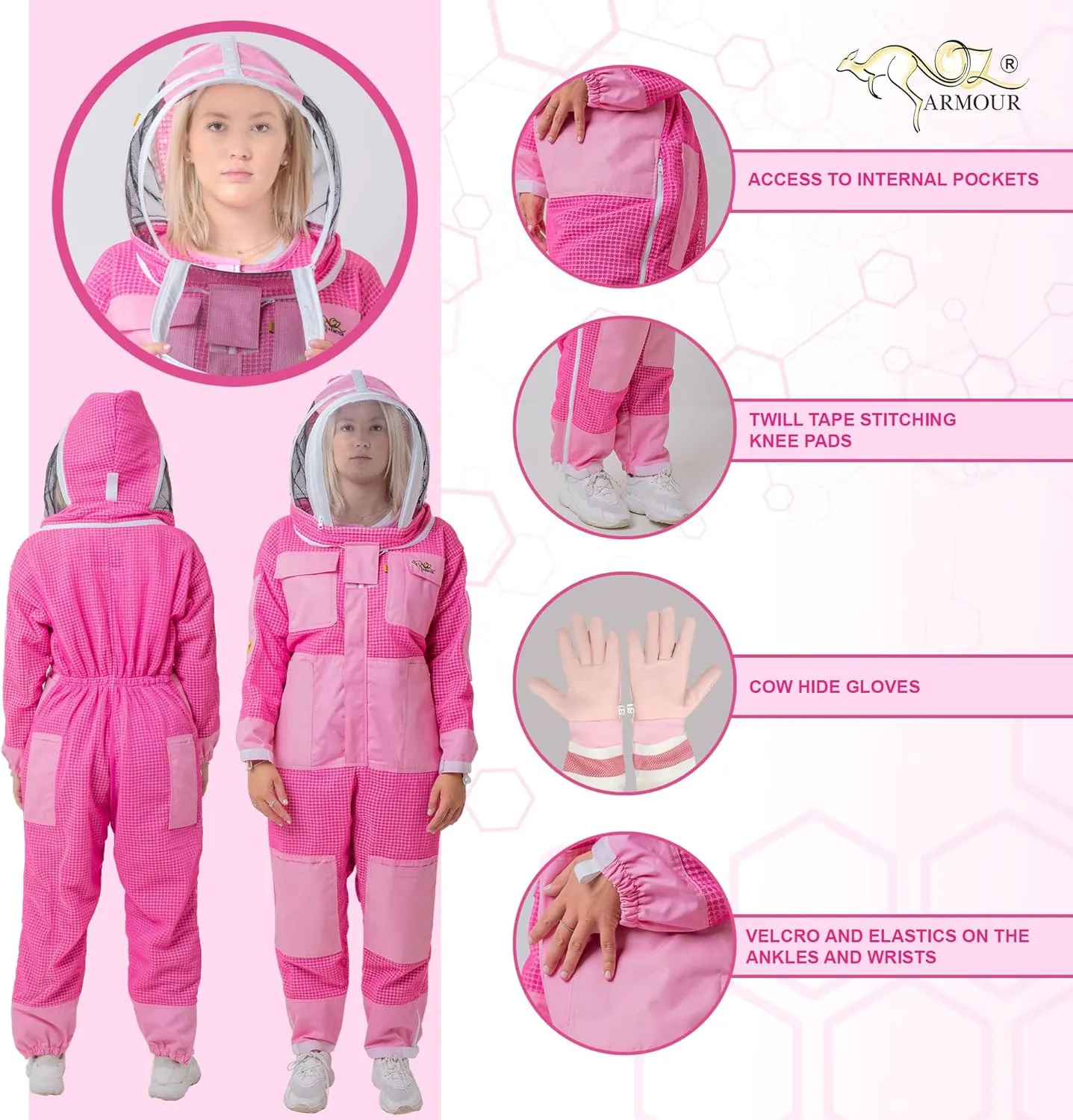 Pink Beekeeping Suit for Women - Three Layers Ventilated Protective Outfit with Air Mesh with Fencing Veil & Gloves (XL)