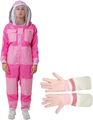 Pink Beekeeping Suit for Women - Three Layers Ventilated Protective Outfit with Air Mesh with Fencing Veil & Gloves (XL)