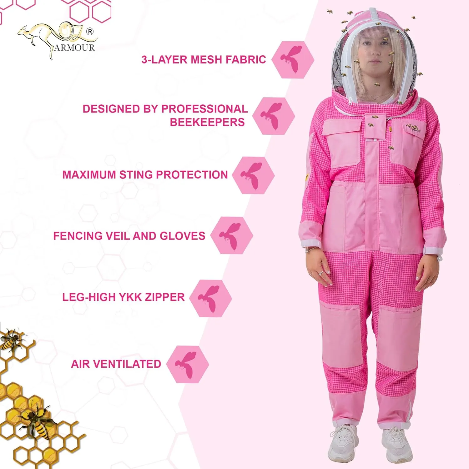 Pink Beekeeping Suit for Women - Three Layers Ventilated Protective Outfit with Air Mesh with Fencing Veil & Gloves (XL)