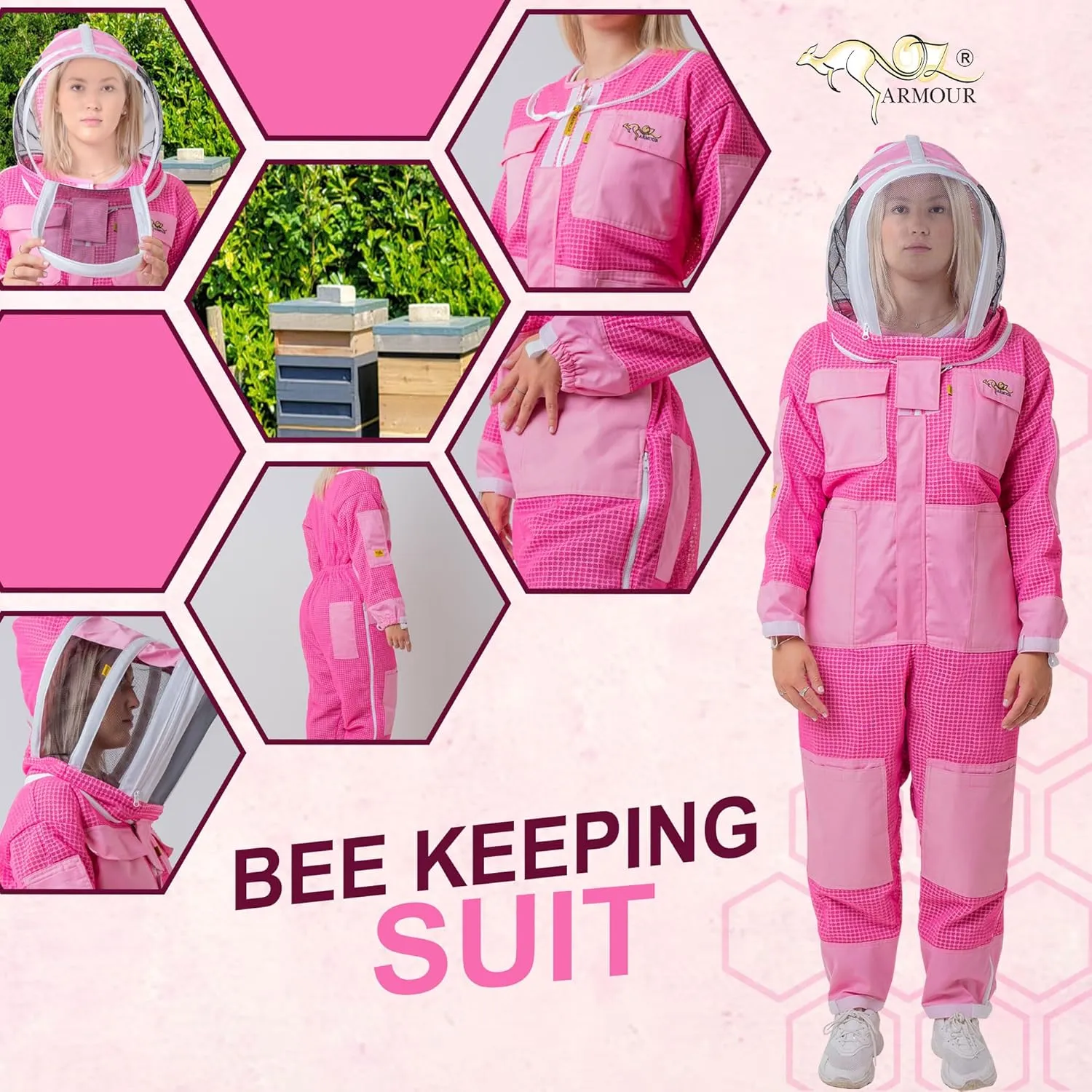 Pink Beekeeping Suit for Women - Three Layers Ventilated Protective Outfit with Air Mesh with Fencing Veil & Gloves (XL)
