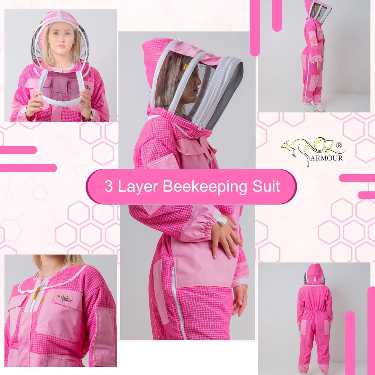 Pink Beekeeping Suit for Women - Three Layers Ventilated Protective Outfit with Air Mesh with Fencing Veil & Gloves (XL)