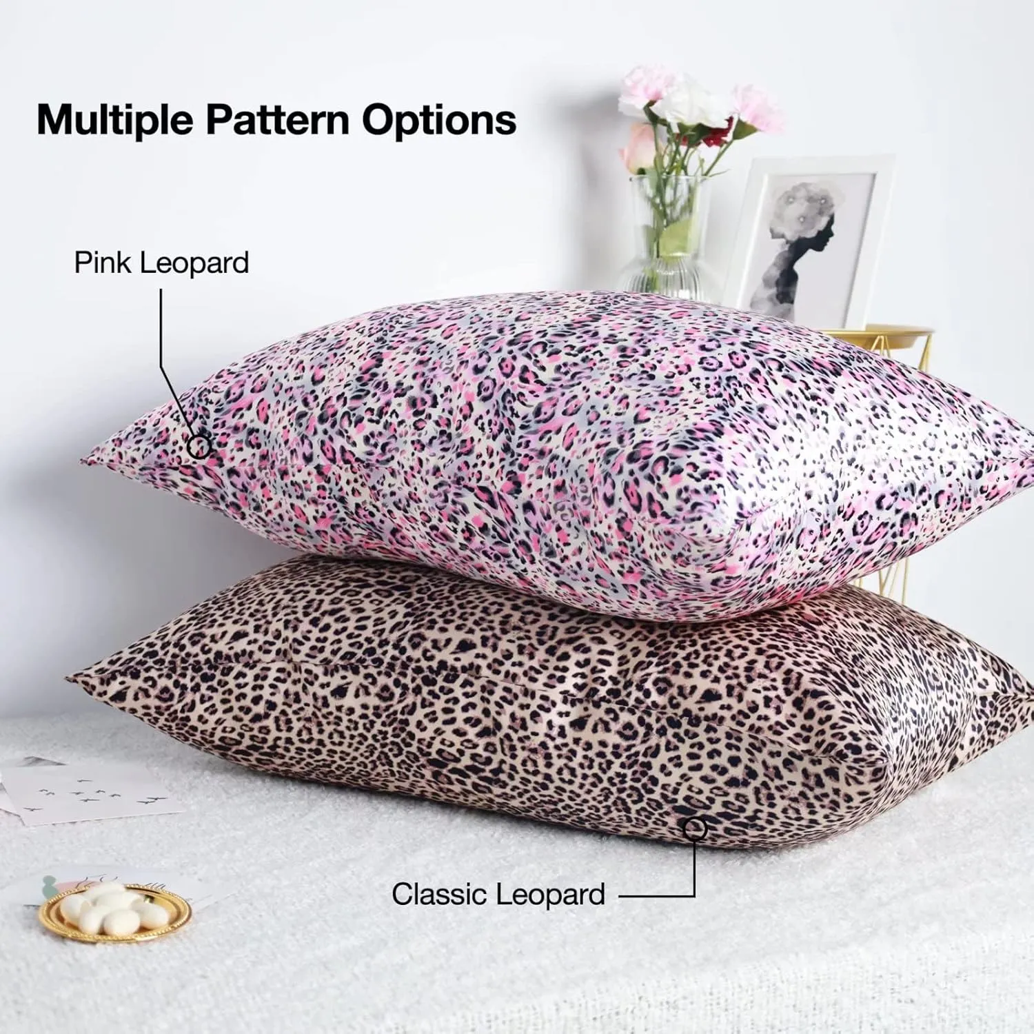 Pink Leopard Print Silk Pillowcase for Hair and Skin - Queen 20"x30", 22 Momme 100% Mulberry Silk Pillow Cases with Zipper