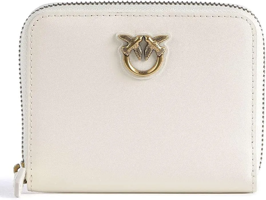 Pinko MINI ZIPAROUND WALLET FOR WOMEN IN WHITE SMOOTH LEATHER WITH GOLD LOVEBIRDS LOGO 100249A0F1