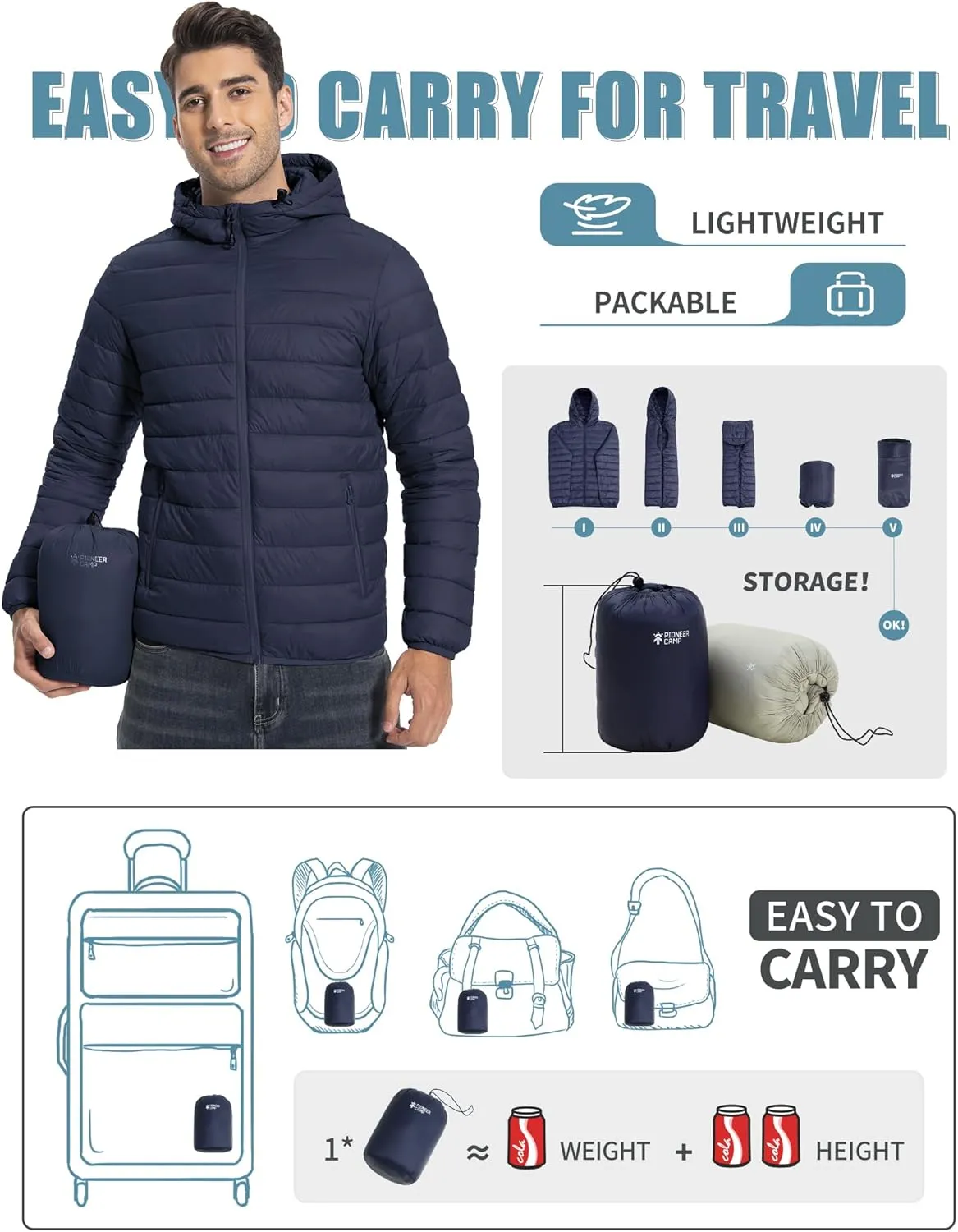 Pioneer Camp Mens Lightweight Packable Puffer Jacket Hooded Insulated Thermal Puffy Winter Jackets for Running Travel