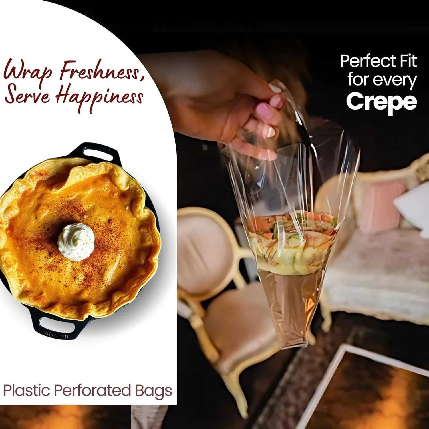 Plastic Perforated TO-GO Bags for Japanese Crepes - Food Service Packaging for Japanese Food Businesses - Crepe Wrapper with Side Ventilation - Bulk Pack of 3000