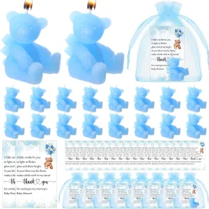 Poen 50 Sets Bear Candles Gender Reveal Cute Candle 50 Bear Thank You Card and Gift Bags Girl Boy Baby Shower Return Gifts for Guest(Blue)
