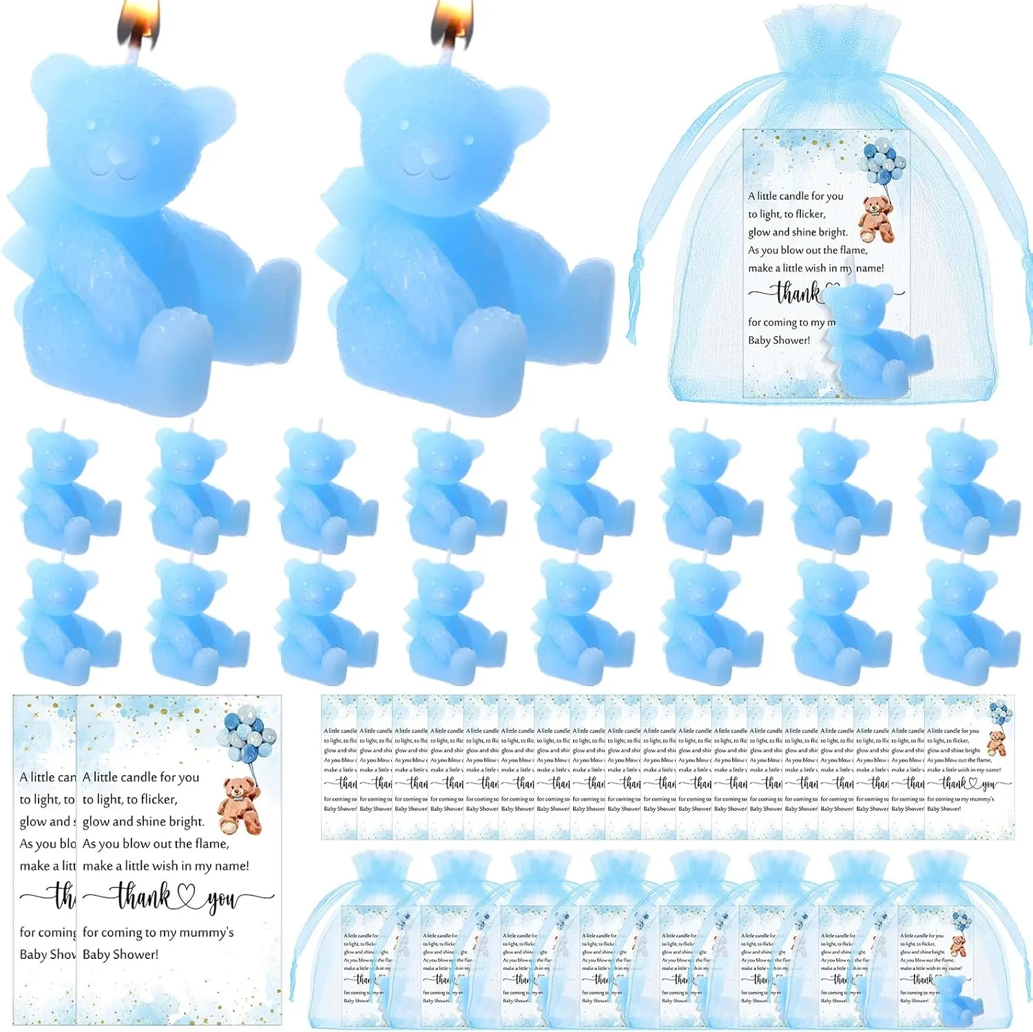 Poen 50 Sets Bear Candles Gender Reveal Cute Candle 50 Bear Thank You Card and Gift Bags Girl Boy Baby Shower Return Gifts for Guest(Blue)