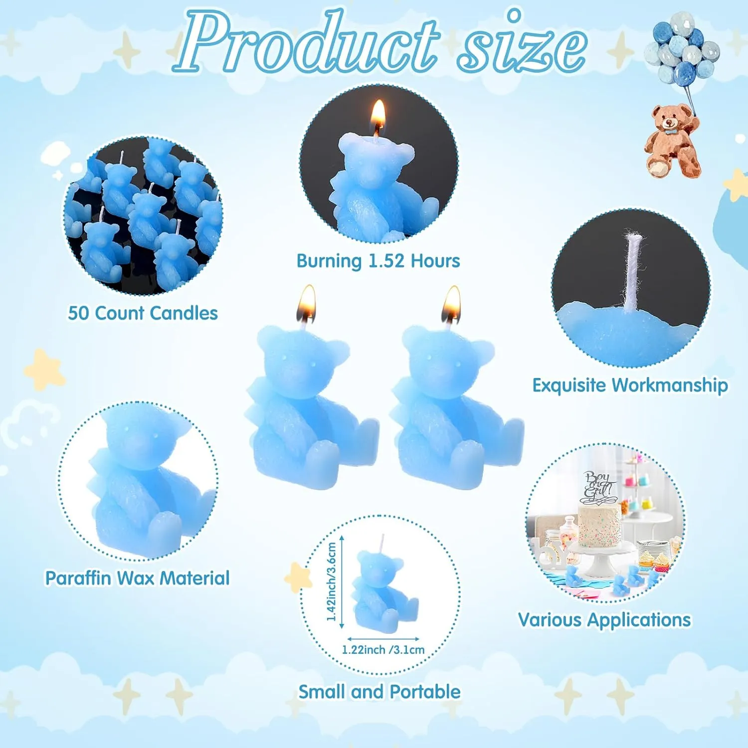 Poen 50 Sets Bear Candles Gender Reveal Cute Candle 50 Bear Thank You Card and Gift Bags Girl Boy Baby Shower Return Gifts for Guest(Blue)