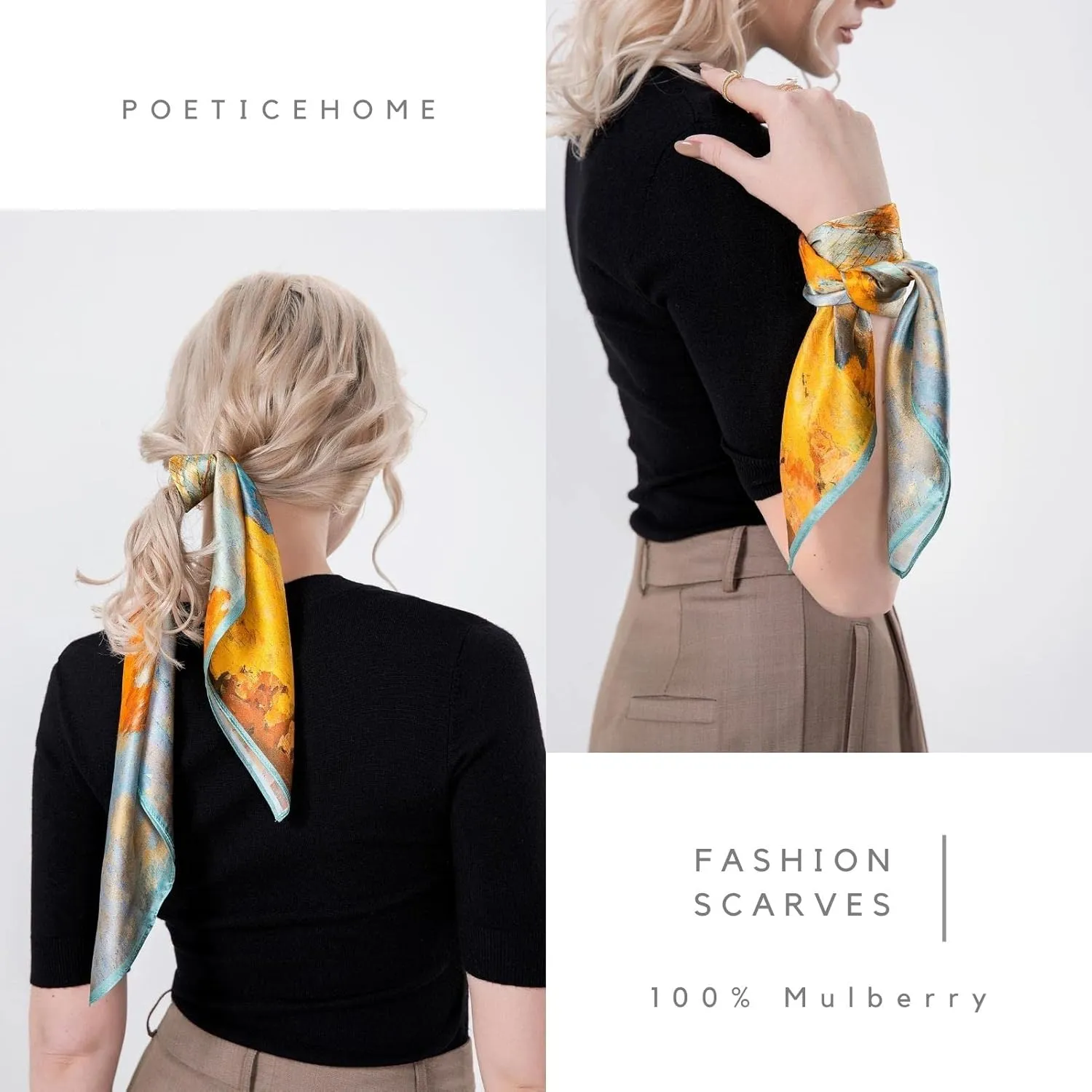 PoeticEHome 100% Mulberry Silk Neck Scarf 21"x21" Small Square Scarfs for Women Gift Packed