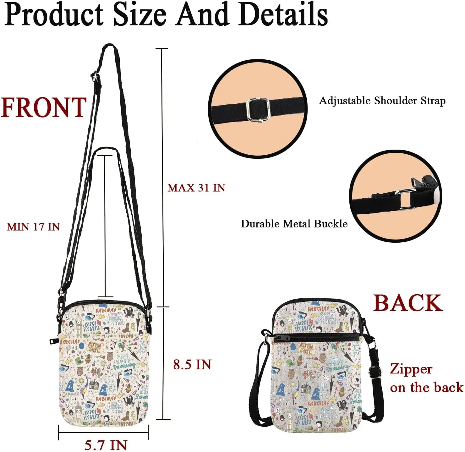 POFULL Theme Park Vacation Trip Gift Movie Characters Collage Crossbody Bag Fairy Tales Gift for Women
