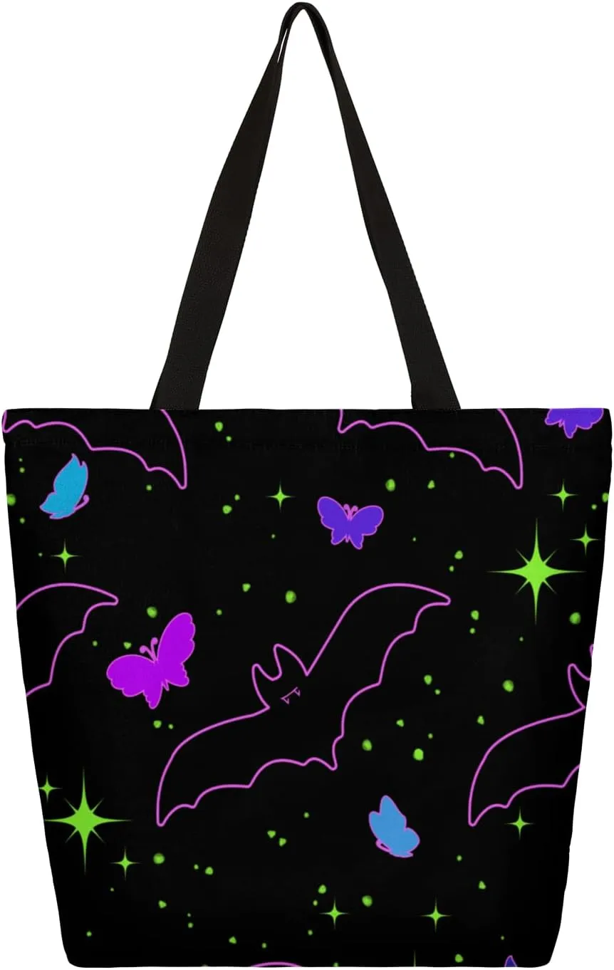 Polka Dot Butterfly Bat Hand Painted Large Capacity Canvas Tote Bag Stylish Handheld Shoulder Bag Reusable Shopping Bag for Work Travel Beach Trips Shopping
