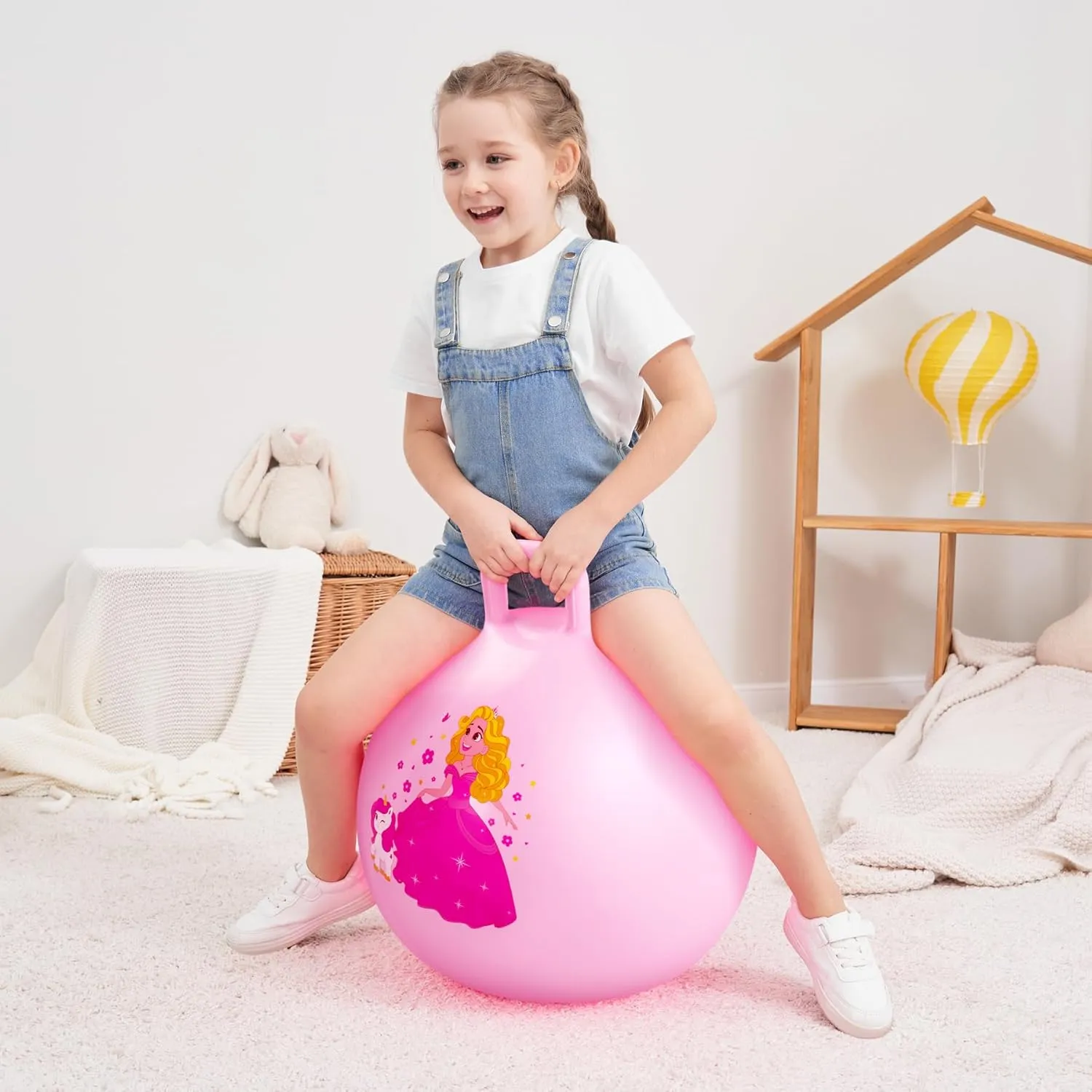 Princess Hopper Ball, 18 Inch Bouncy Ball with Handle for Kids Aged 3-8, Inflatable Jumping Toys for Girls Boys, Pink Hopping Toys Gift with Pump