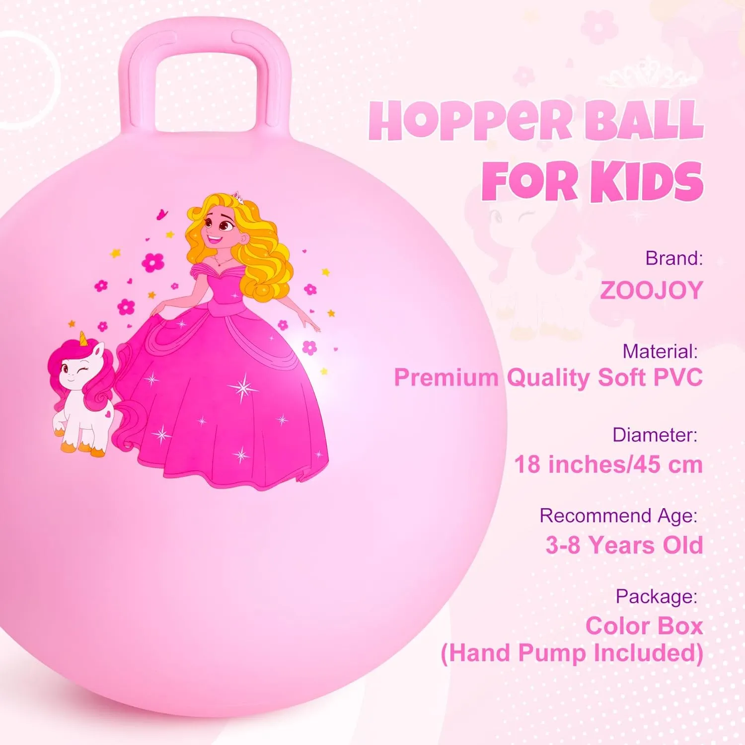 Princess Hopper Ball, 18 Inch Bouncy Ball with Handle for Kids Aged 3-8, Inflatable Jumping Toys for Girls Boys, Pink Hopping Toys Gift with Pump
