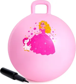Princess Hopper Ball, 18 Inch Bouncy Ball with Handle for Kids Aged 3-8, Inflatable Jumping Toys for Girls Boys, Pink Hopping Toys Gift with Pump