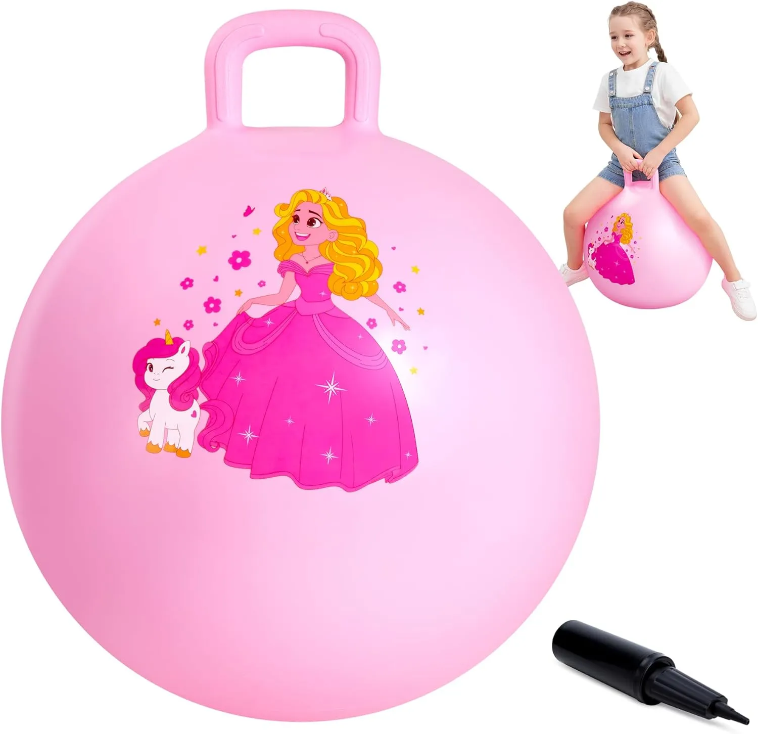 Princess Hopper Ball, 18 Inch Bouncy Ball with Handle for Kids Aged 3-8, Inflatable Jumping Toys for Girls Boys, Pink Hopping Toys Gift with Pump