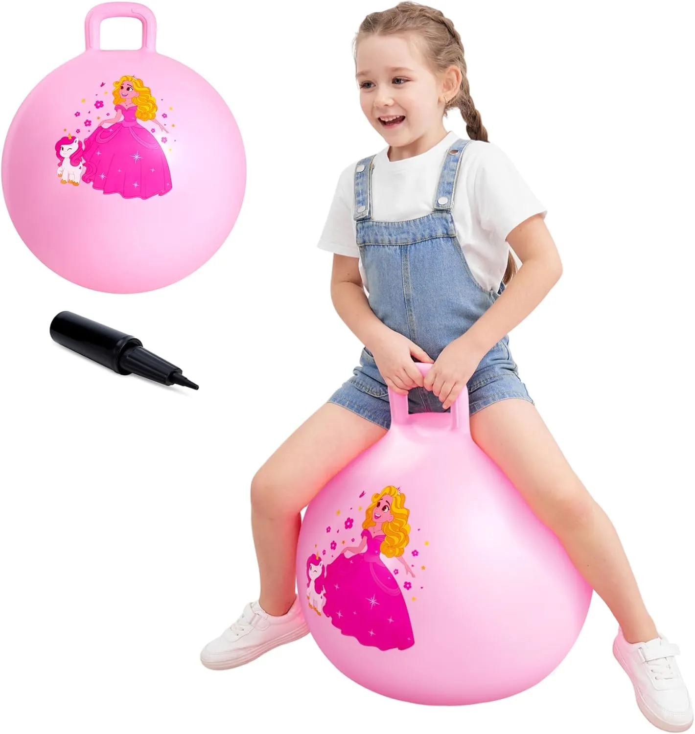 Princess Hopper Ball, 18 Inch Bouncy Ball with Handle for Kids Aged 3-8, Inflatable Jumping Toys for Girls Boys, Pink Hopping Toys Gift with Pump