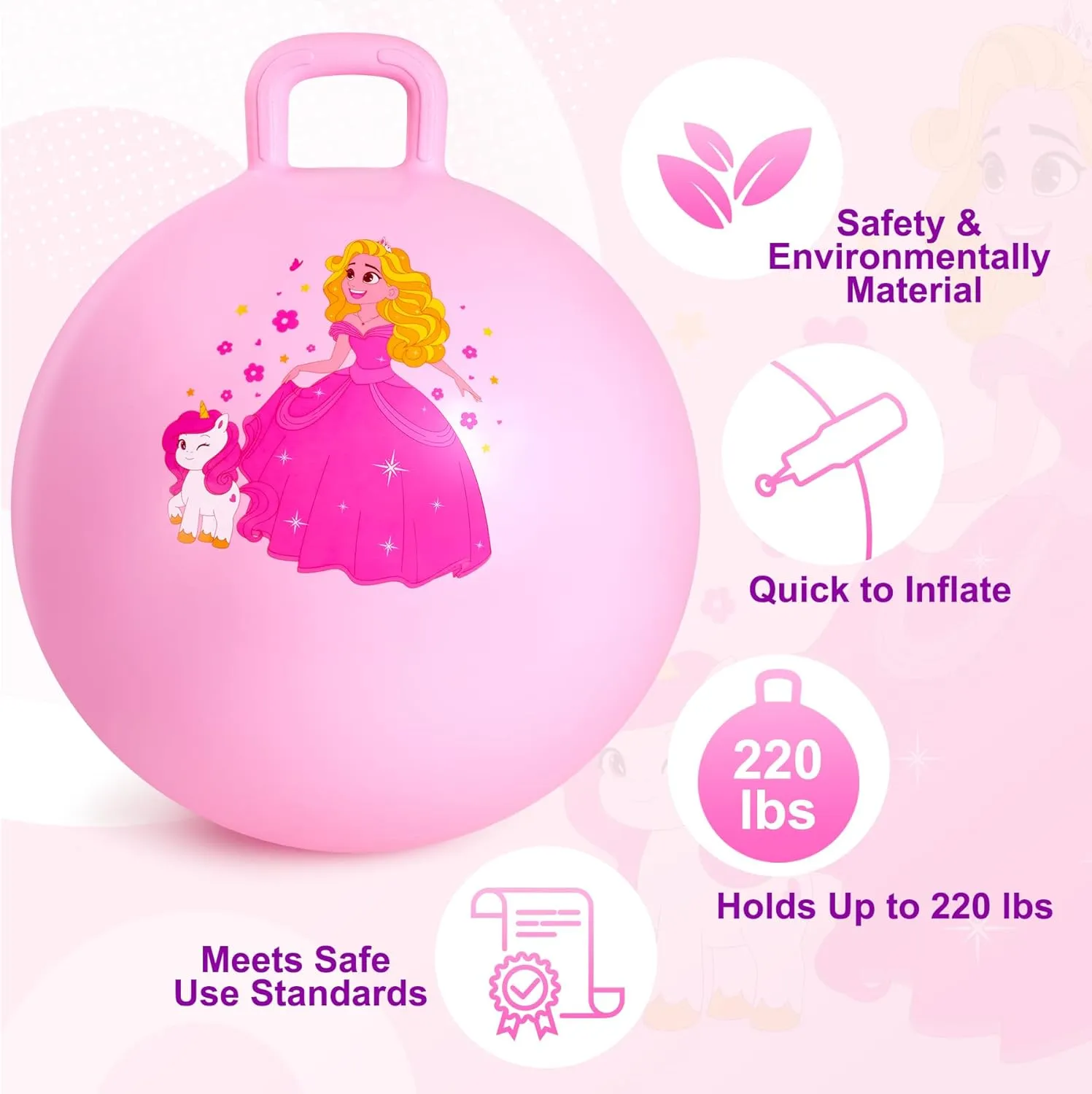 Princess Hopper Ball, 18 Inch Bouncy Ball with Handle for Kids Aged 3-8, Inflatable Jumping Toys for Girls Boys, Pink Hopping Toys Gift with Pump