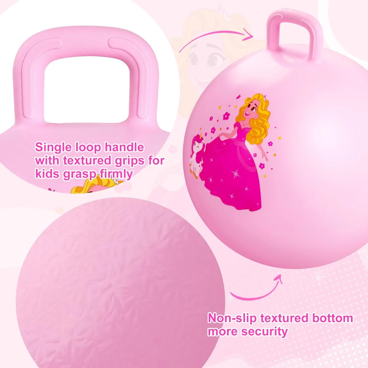 Princess Hopper Ball, 18 Inch Bouncy Ball with Handle for Kids Aged 3-8, Inflatable Jumping Toys for Girls Boys, Pink Hopping Toys Gift with Pump