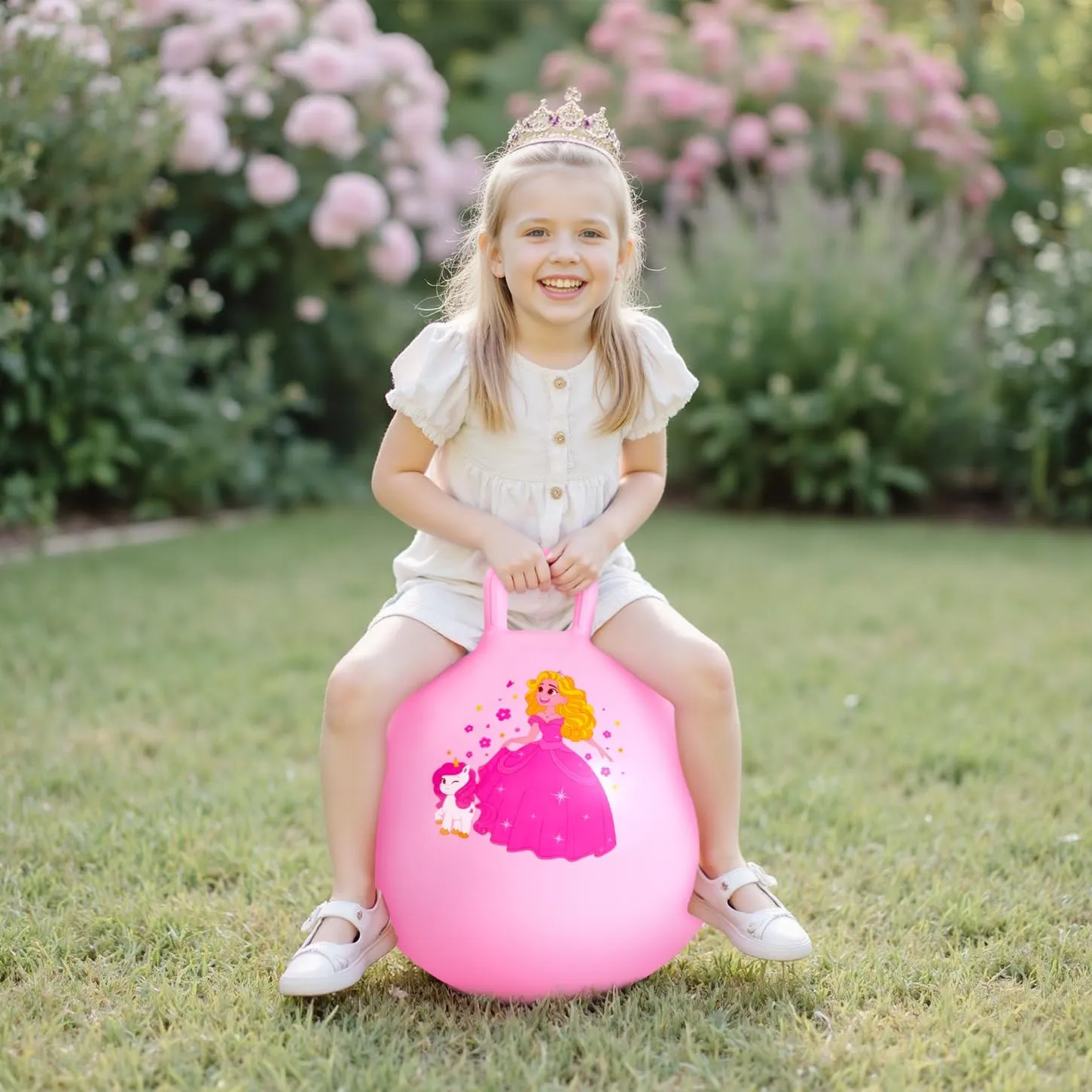 Princess Hopper Ball, 18 Inch Bouncy Ball with Handle for Kids Aged 3-8, Inflatable Jumping Toys for Girls Boys, Pink Hopping Toys Gift with Pump