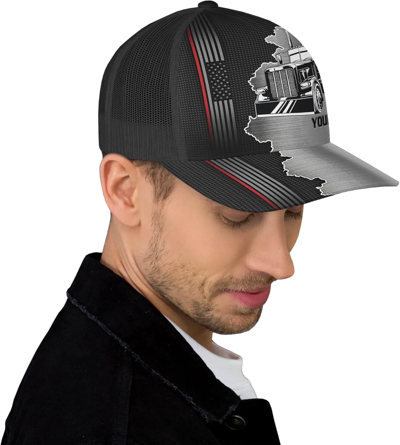Printing Mesh Trucker Hat Customizable Semi Trailer and Metal Pattern Netback Caps with Name Trucker for Truck Driver