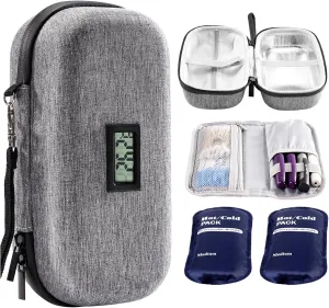 ProCase Insulin Cooler Travel Case with Thermometer Temperature Display, TSA Approved Refrigerated Diabetic Supplies Organizer Bag with 2 Reusable Ice Packs, Cold Diabetes Pen Medicine Storage -Grey