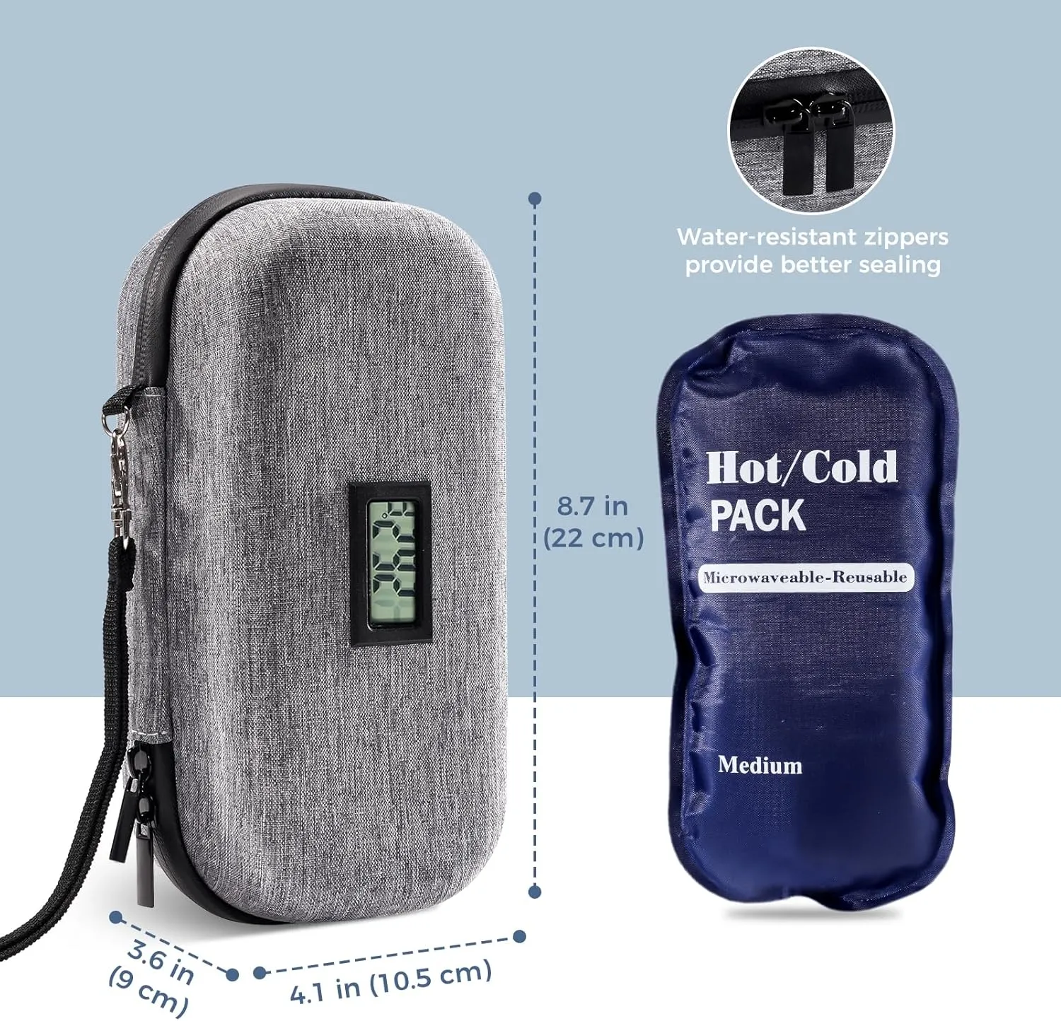 ProCase Insulin Cooler Travel Case with Thermometer Temperature Display, TSA Approved Refrigerated Diabetic Supplies Organizer Bag with 2 Reusable Ice Packs, Cold Diabetes Pen Medicine Storage -Grey