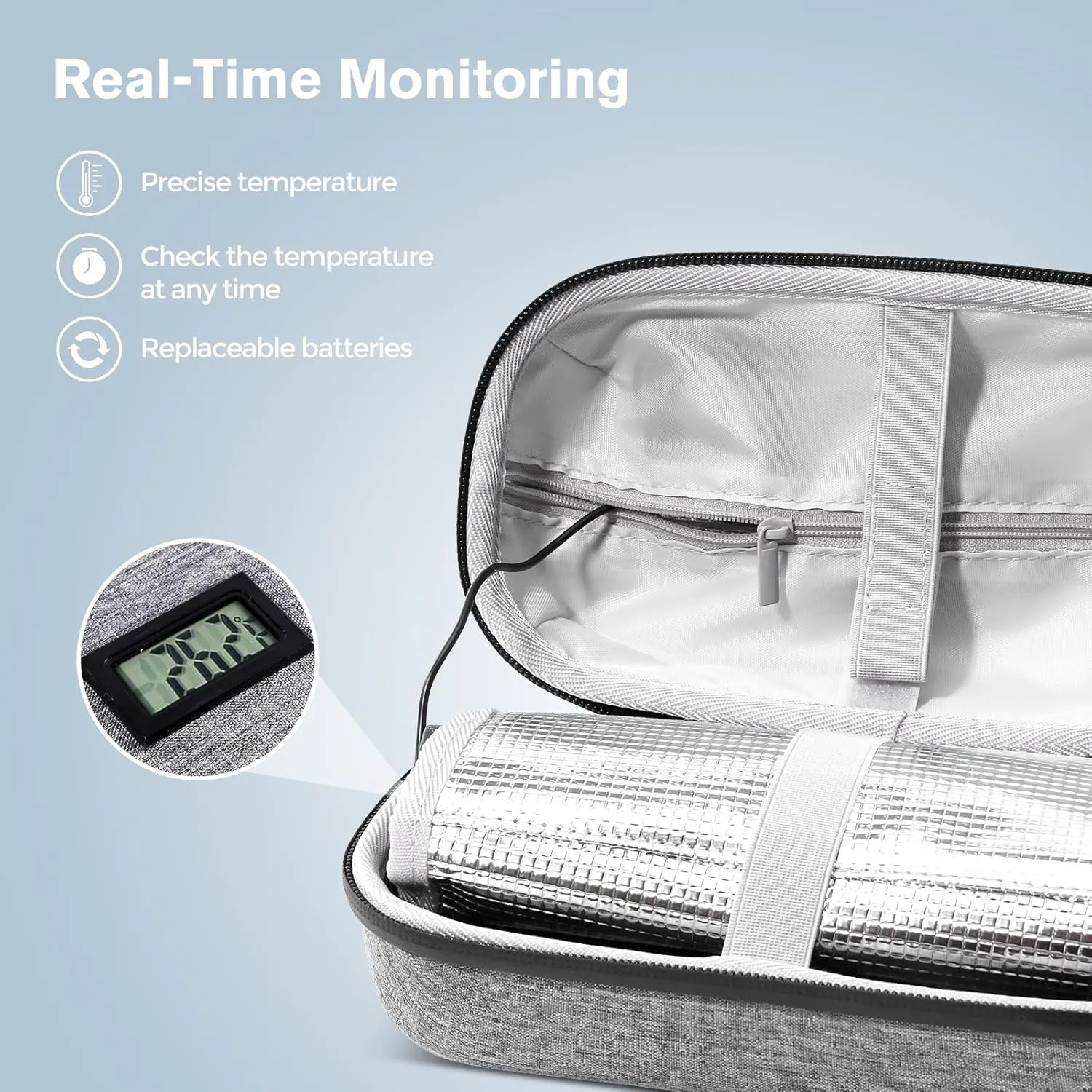 ProCase Insulin Cooler Travel Case with Thermometer Temperature Display, TSA Approved Refrigerated Diabetic Supplies Organizer Bag with 2 Reusable Ice Packs, Cold Diabetes Pen Medicine Storage -Grey