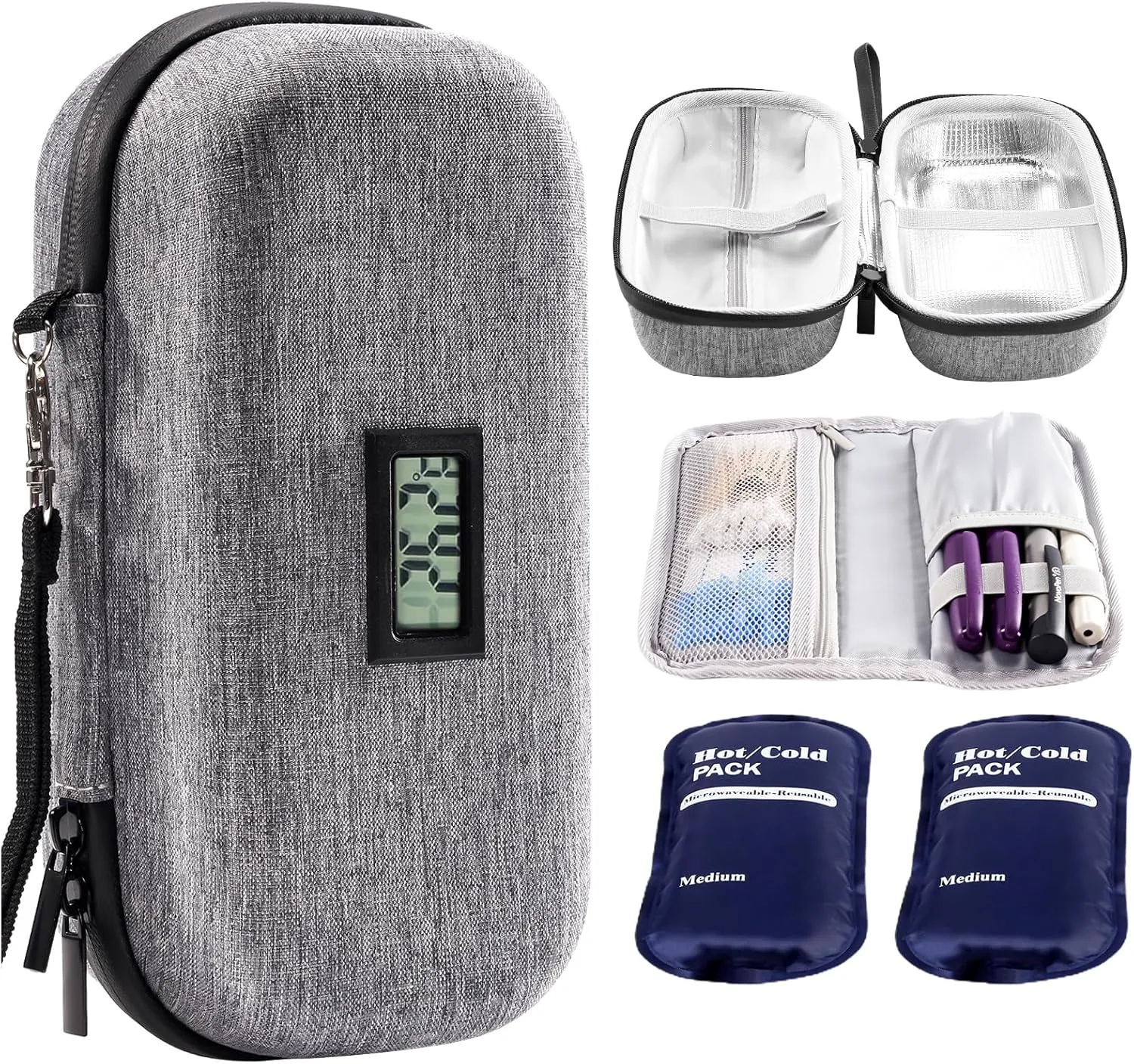 ProCase Insulin Cooler Travel Case with Thermometer Temperature Display, TSA Approved Refrigerated Diabetic Supplies Organizer Bag with 2 Reusable Ice Packs, Cold Diabetes Pen Medicine Storage -Grey