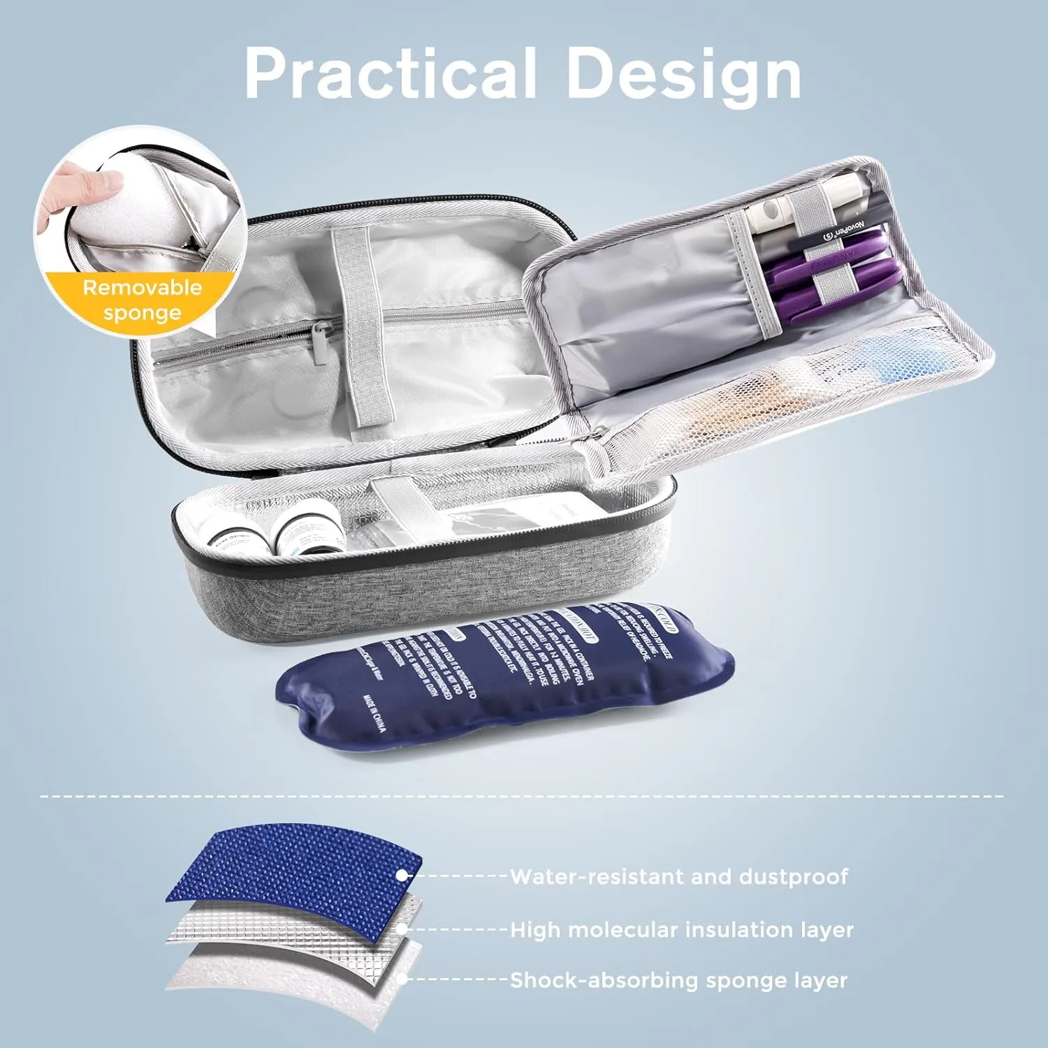ProCase Insulin Cooler Travel Case with Thermometer Temperature Display, TSA Approved Refrigerated Diabetic Supplies Organizer Bag with 2 Reusable Ice Packs, Cold Diabetes Pen Medicine Storage -Grey