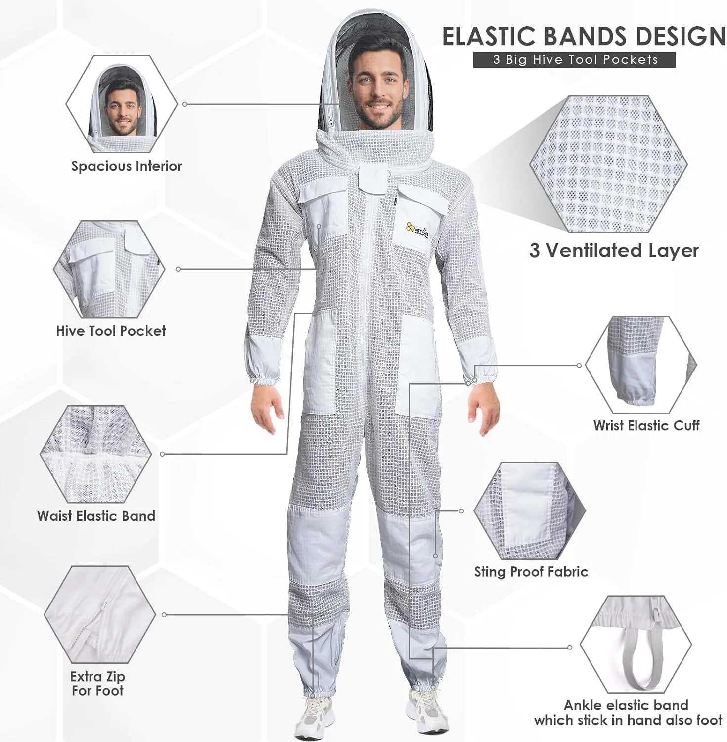 Profession 3 Layer Bee Suits for Men Women, Anti-sting Ventilated Hood White 3 Layer Beekeeping Suit with Leather Gloves Set