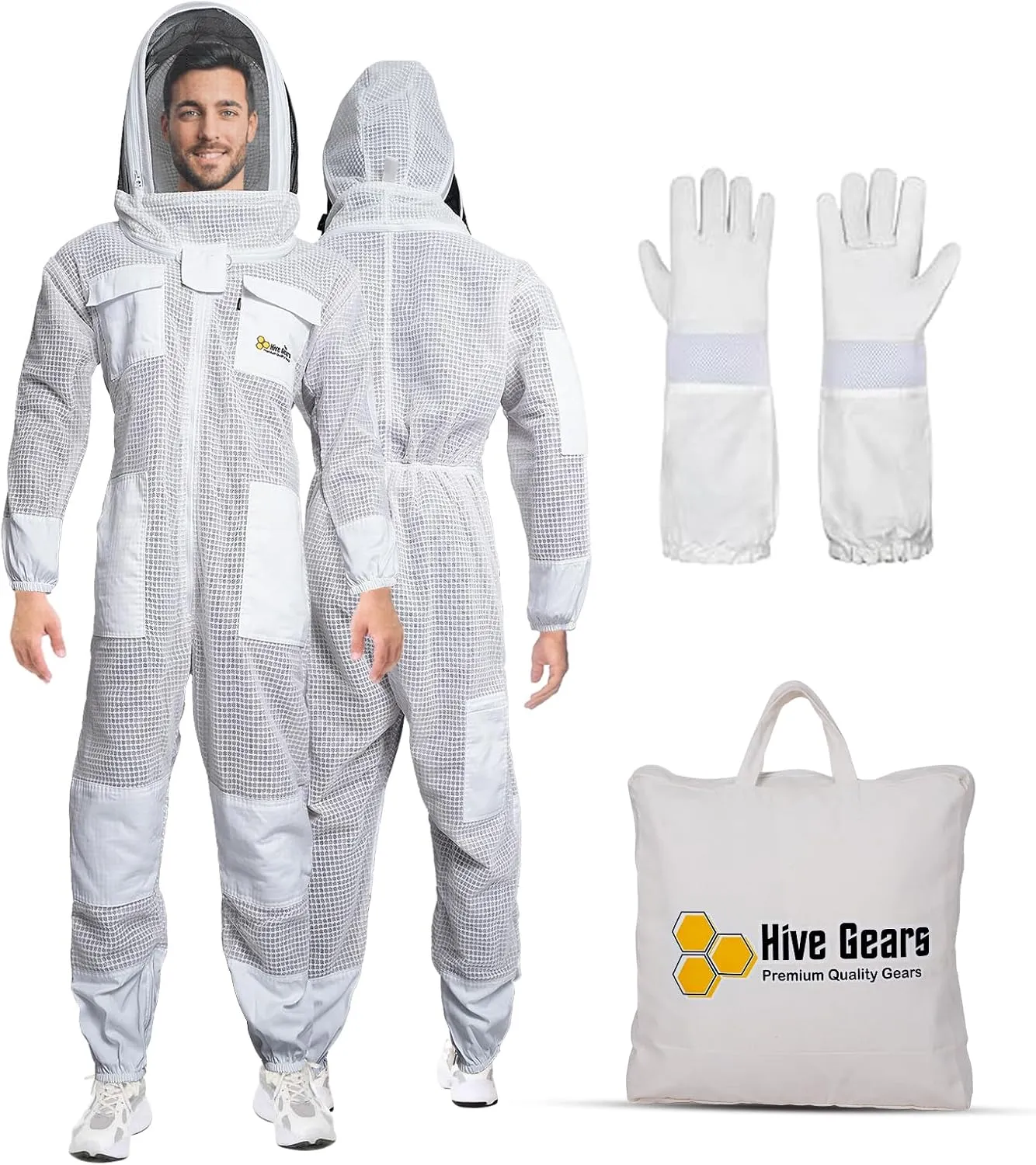 Profession 3 Layer Bee Suits for Men Women, Anti-sting Ventilated Hood White 3 Layer Beekeeping Suit with Leather Gloves Set