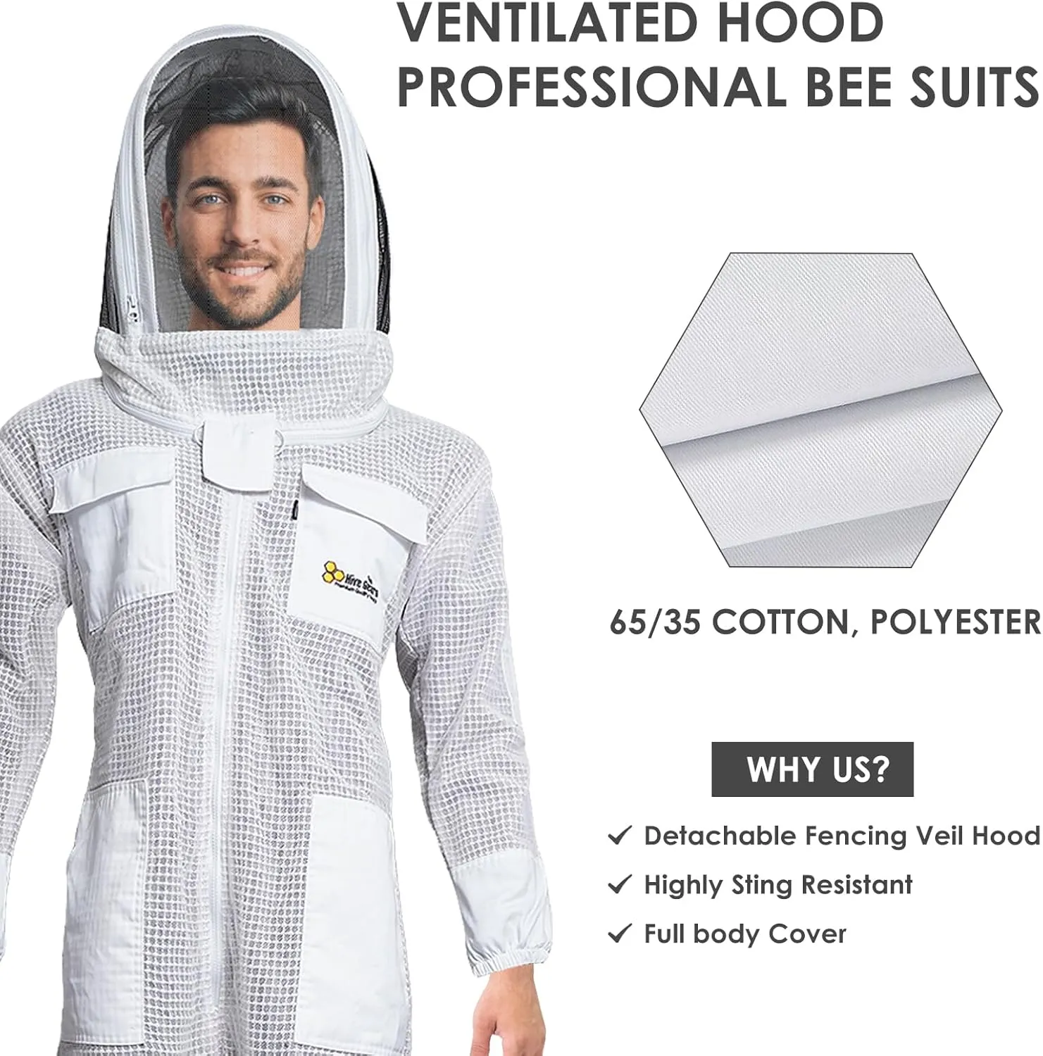 Profession 3 Layer Bee Suits for Men Women, Anti-sting Ventilated Hood White 3 Layer Beekeeping Suit with Leather Gloves Set