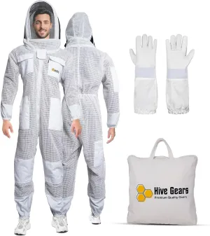 Profession 3 Layer Bee Suits for Men Women, Anti-sting Ventilated Hood White 3 Layer Beekeeping Suit with Leather Gloves Set