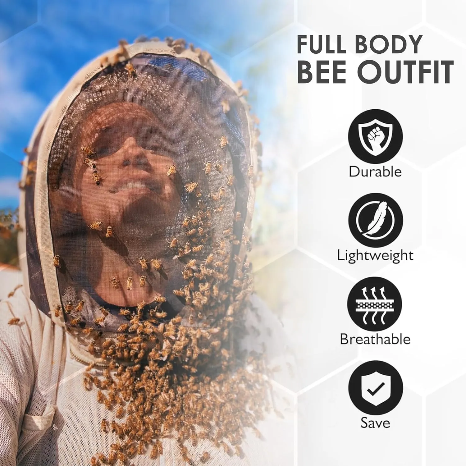 Profession 3 Layer Bee Suits for Men Women, Anti-sting Ventilated Hood White 3 Layer Beekeeping Suit with Leather Gloves Set