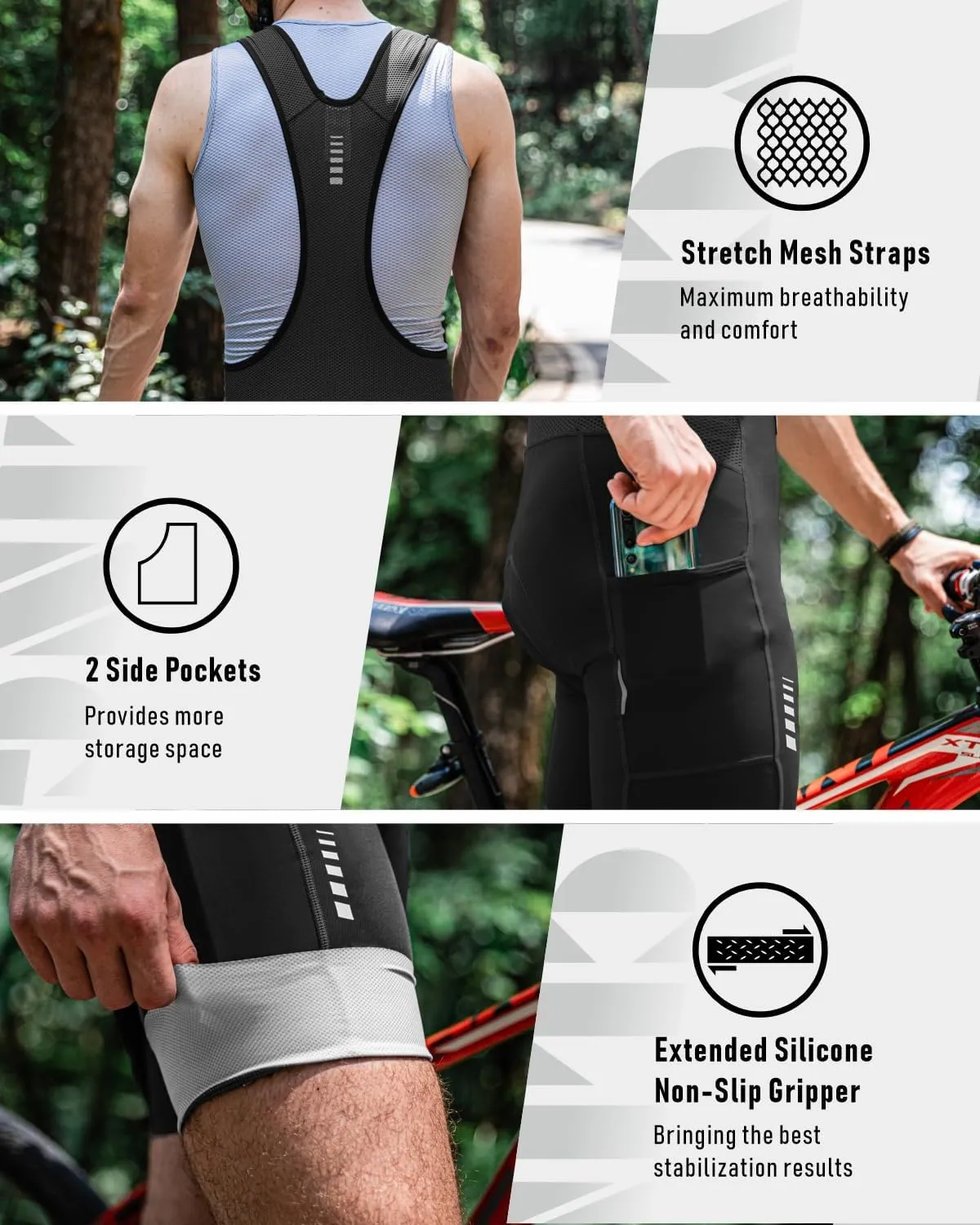Przewalski Men's Cycling Bike Bib Short with Phone Pockets,4D Padded Breathable Biking Bicycle Bib Tights