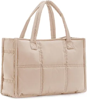 Puffy Tote Bag for Women Work Black Beige Large Tote Puffer Bag Travel Soft Quilted Shoulder Handbag for Women Up to 17"