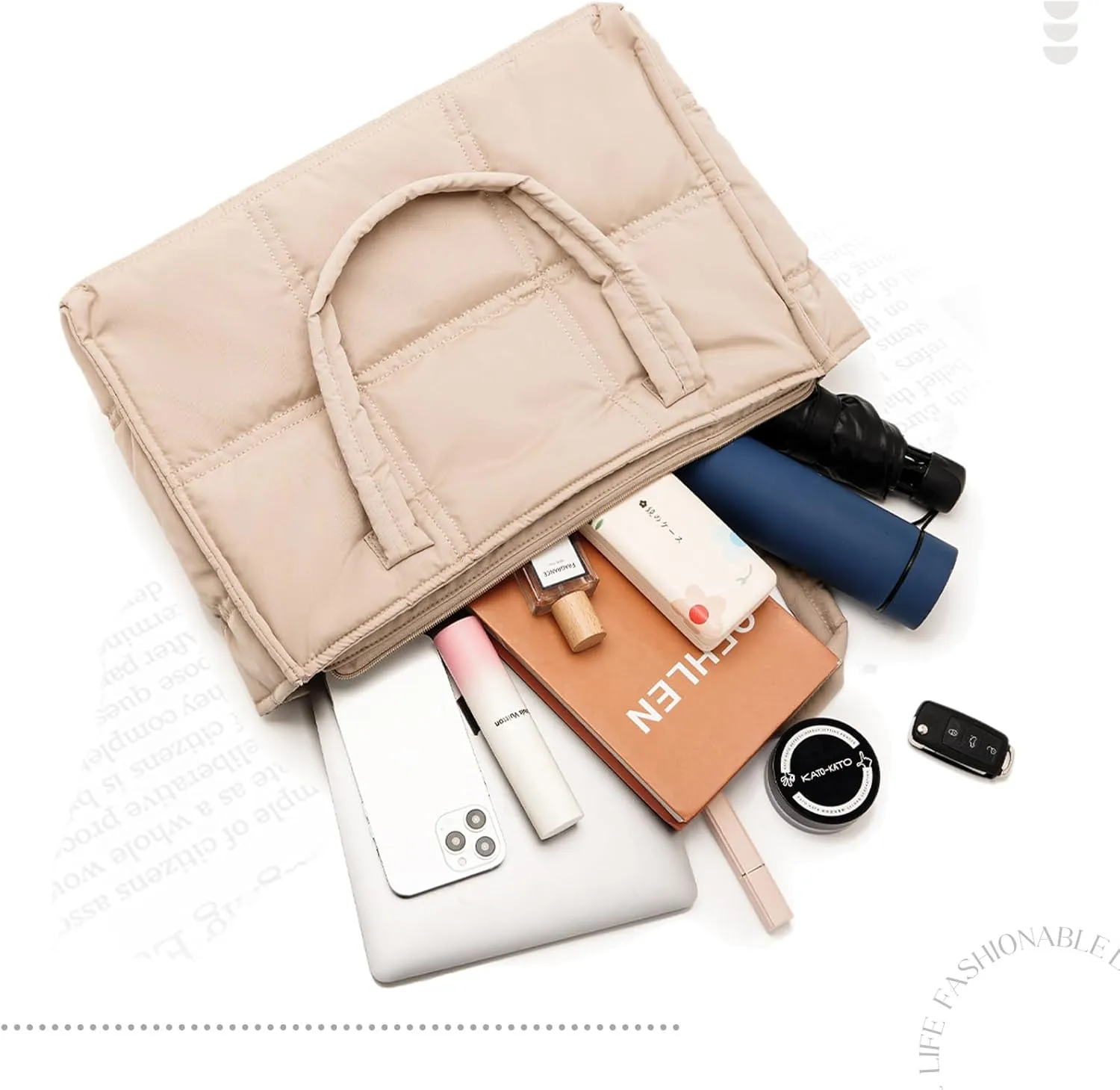 Puffy Tote Bag for Women Work Black Beige Large Tote Puffer Bag Travel Soft Quilted Shoulder Handbag for Women Up to 17"