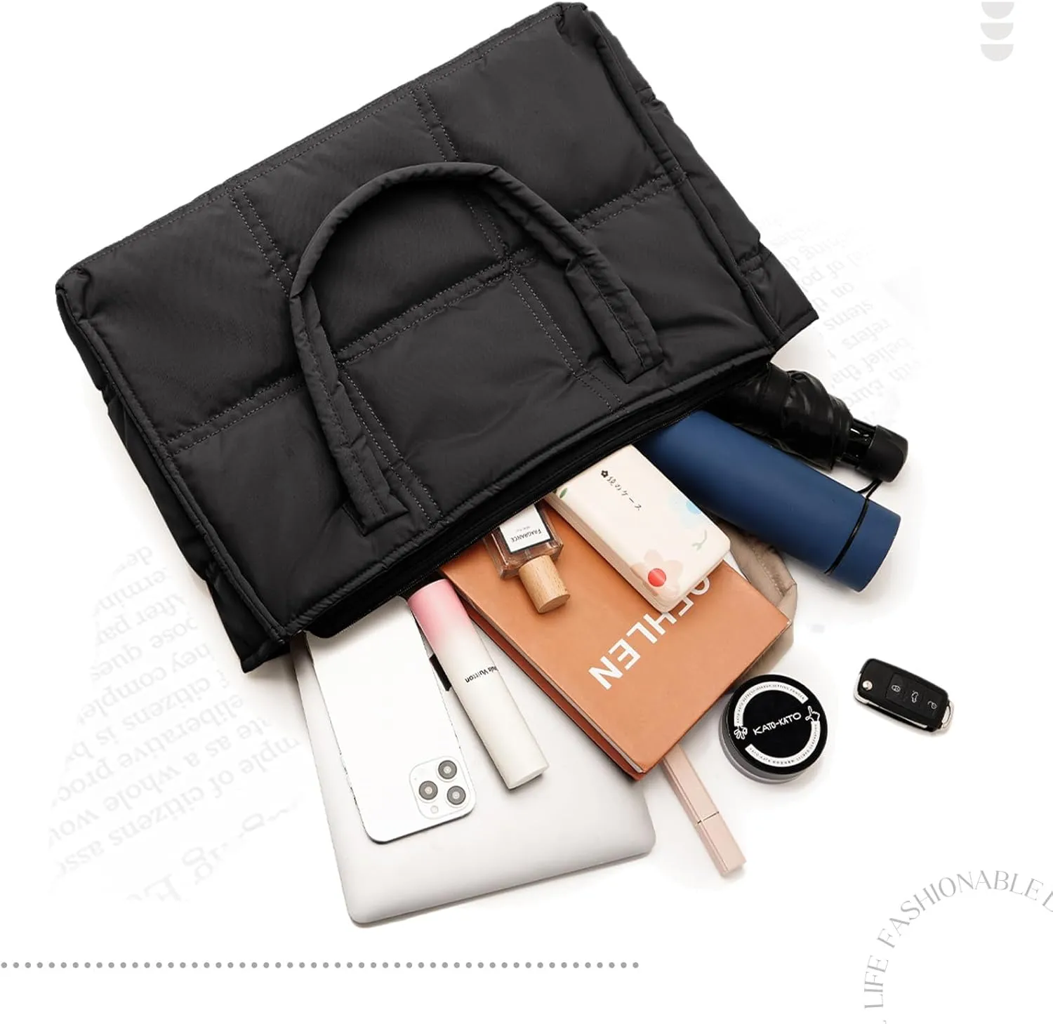 Puffy Tote Bag for Women Work Black Beige Large Tote Puffer Bag Travel Soft Quilted Shoulder Handbag for Women Up to 17"